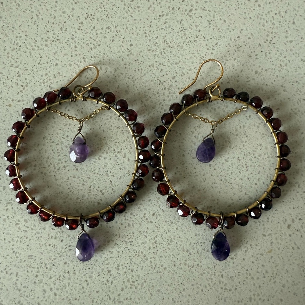Anthropologie Purple and Red Beaded Hoop Earrings